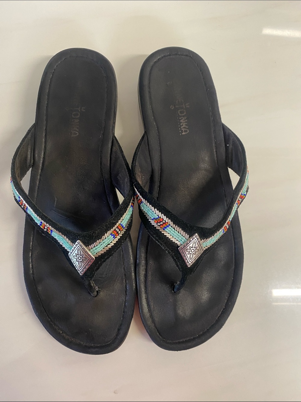 MINNETONKA Black Beaded Embroidered Thong Sandals